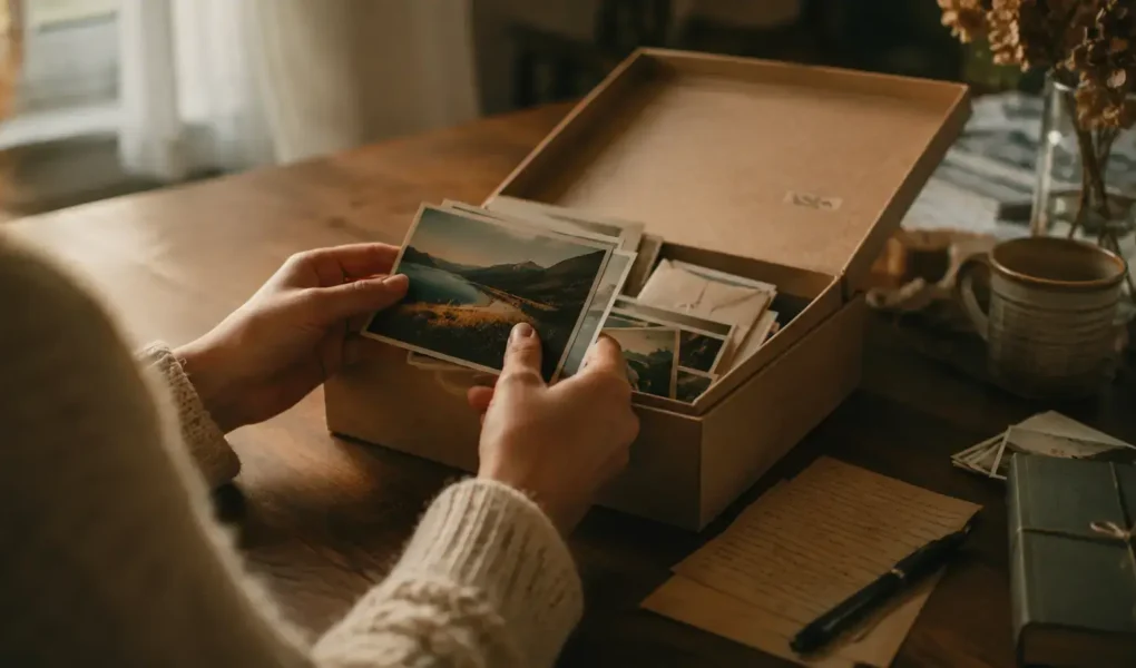 A person gently sorting through a small box of photos and keepsakes at a table, warm soft lighting, calm and reflective mood, no identifiable faces or personal details visible.yes or no to keeping sentimental items featured image.