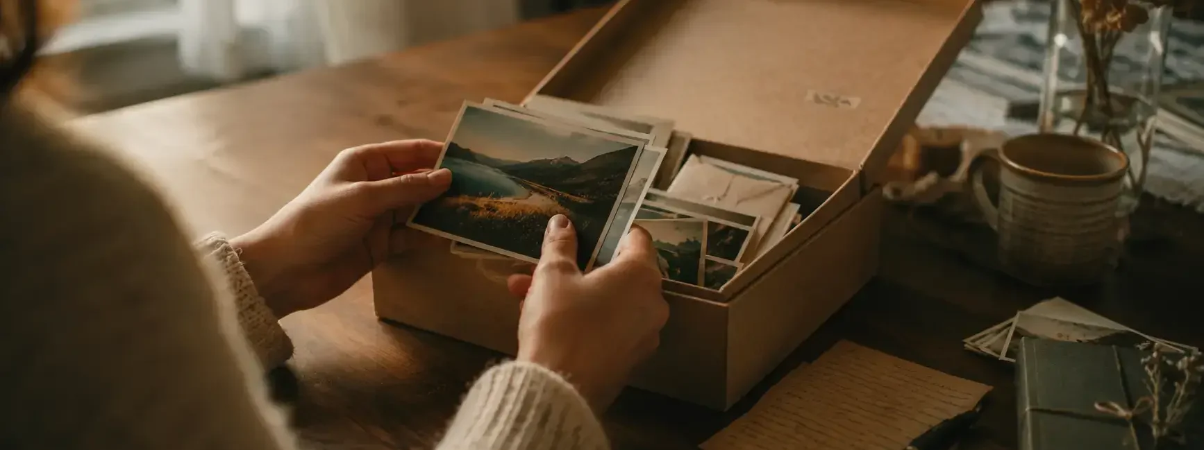 A person gently sorting through a small box of photos and keepsakes at a table, warm soft lighting, calm and reflective mood, no identifiable faces or personal details visible.yes or no to keeping sentimental items featured image.