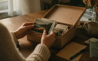 A person gently sorting through a small box of photos and keepsakes at a table, warm soft lighting, calm and reflective mood, no identifiable faces or personal details visible.yes or no to keeping sentimental items featured image.