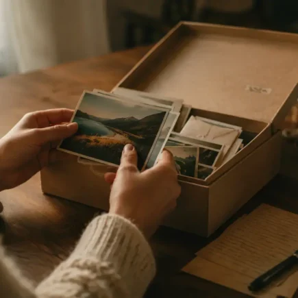 A person gently sorting through a small box of photos and keepsakes at a table, warm soft lighting, calm and reflective mood, no identifiable faces or personal details visible.yes or no to keeping sentimental items featured image.
