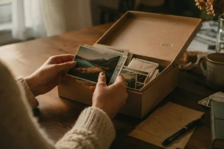 A person gently sorting through a small box of photos and keepsakes at a table, warm soft lighting, calm and reflective mood, no identifiable faces or personal details visible.yes or no to keeping sentimental items featured image.