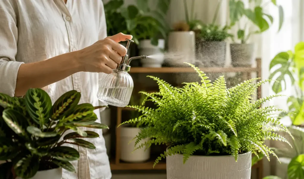 A person lightly misting a fern or calathea with a glass spray bottle in bright morning light, clean and calm indoor plant corner, no identifiable brands.yes or no to misting your indoor plants featured image.
