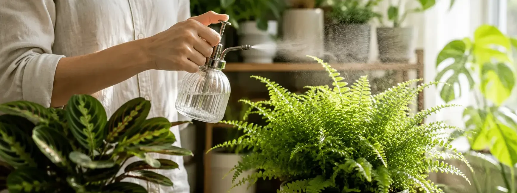 A person lightly misting a fern or calathea with a glass spray bottle in bright morning light, clean and calm indoor plant corner, no identifiable brands.yes or no to misting your indoor plants featured image.