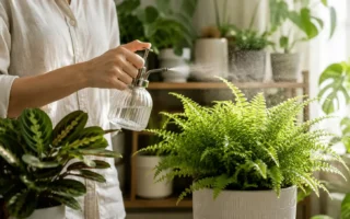 A person lightly misting a fern or calathea with a glass spray bottle in bright morning light, clean and calm indoor plant corner, no identifiable brands.yes or no to misting your indoor plants featured image.