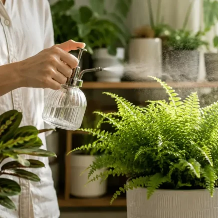 A person lightly misting a fern or calathea with a glass spray bottle in bright morning light, clean and calm indoor plant corner, no identifiable brands.yes or no to misting your indoor plants featured image.