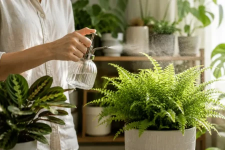 A person lightly misting a fern or calathea with a glass spray bottle in bright morning light, clean and calm indoor plant corner, no identifiable brands.yes or no to misting your indoor plants featured image.