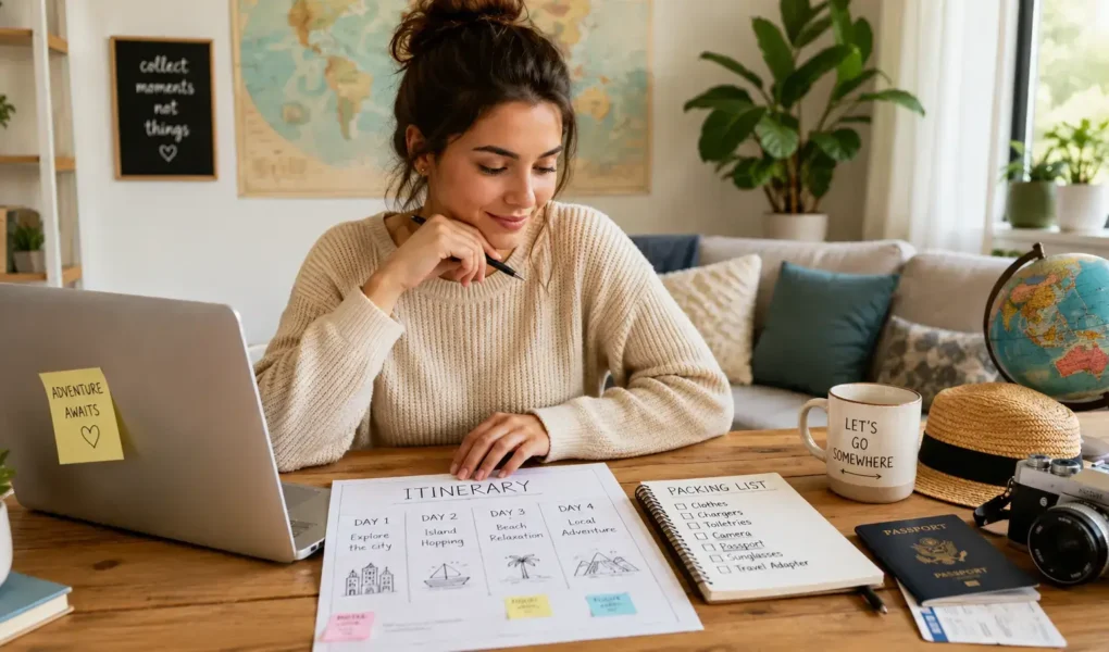 A traveler at a table with a laptop, a paper itinerary, and a passport, planning a trip in a bright home setting, warm and organized mood.yes or no to planning every detail of your trip in advance featured image.