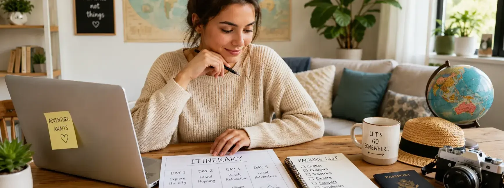 A traveler at a table with a laptop, a paper itinerary, and a passport, planning a trip in a bright home setting, warm and organized mood.yes or no to planning every detail of your trip in advance featured image.