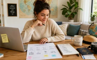 A traveler at a table with a laptop, a paper itinerary, and a passport, planning a trip in a bright home setting, warm and organized mood.yes or no to planning every detail of your trip in advance featured image.