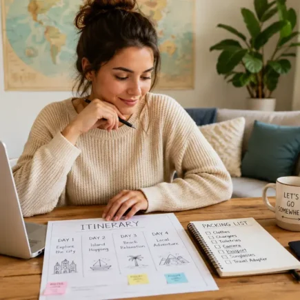 A traveler at a table with a laptop, a paper itinerary, and a passport, planning a trip in a bright home setting, warm and organized mood.yes or no to planning every detail of your trip in advance featured image.