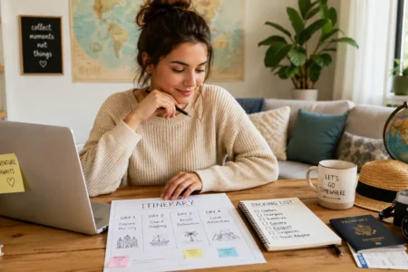 A traveler at a table with a laptop, a paper itinerary, and a passport, planning a trip in a bright home setting, warm and organized mood.yes or no to planning every detail of your trip in advance featured image.