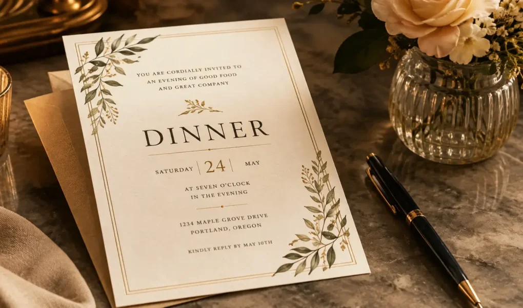 An elegant printed dinner invitation card resting on a table next to a pen and a small vase of flowers, warm soft lighting, no identifiable branding.yes or no to sending formal dinner party invitations featured image.