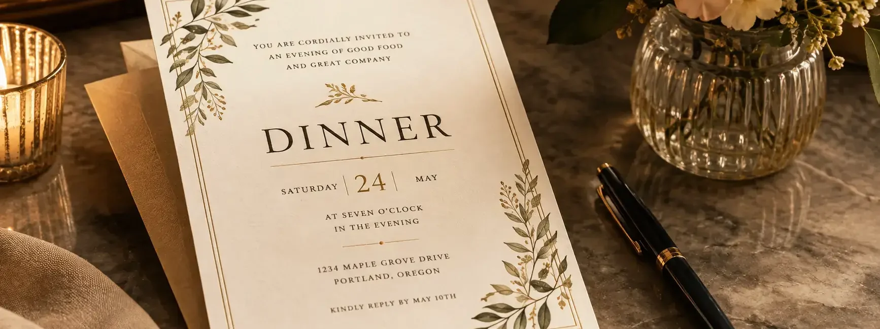 An elegant printed dinner invitation card resting on a table next to a pen and a small vase of flowers, warm soft lighting, no identifiable branding.yes or no to sending formal dinner party invitations featured image.