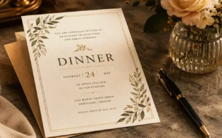 An elegant printed dinner invitation card resting on a table next to a pen and a small vase of flowers, warm soft lighting, no identifiable branding.yes or no to sending formal dinner party invitations featured image.