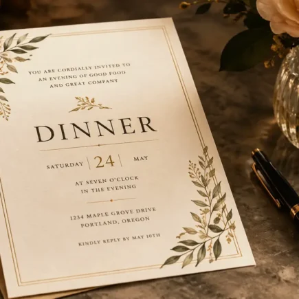 An elegant printed dinner invitation card resting on a table next to a pen and a small vase of flowers, warm soft lighting, no identifiable branding.yes or no to sending formal dinner party invitations featured image.
