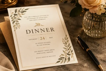 An elegant printed dinner invitation card resting on a table next to a pen and a small vase of flowers, warm soft lighting, no identifiable branding.yes or no to sending formal dinner party invitations featured image.