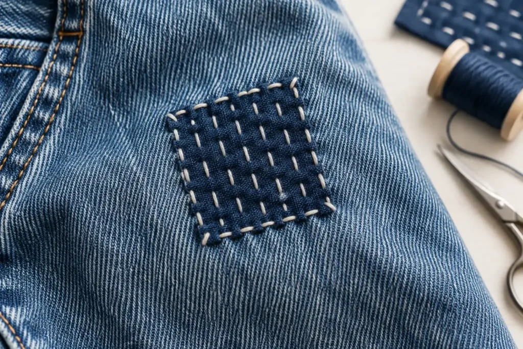 Close-up of a simple visible mending patch on a small tear in denim, neat and intentional stitching, clean editorial styling.