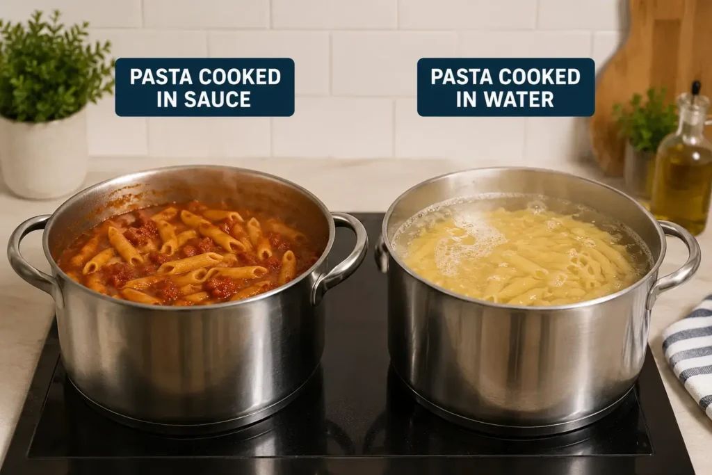 Side-by-side comparison of two pots, one with pasta cooking directly in sauce and one with pasta boiling separately in plain water, clean kitchen counter setting.