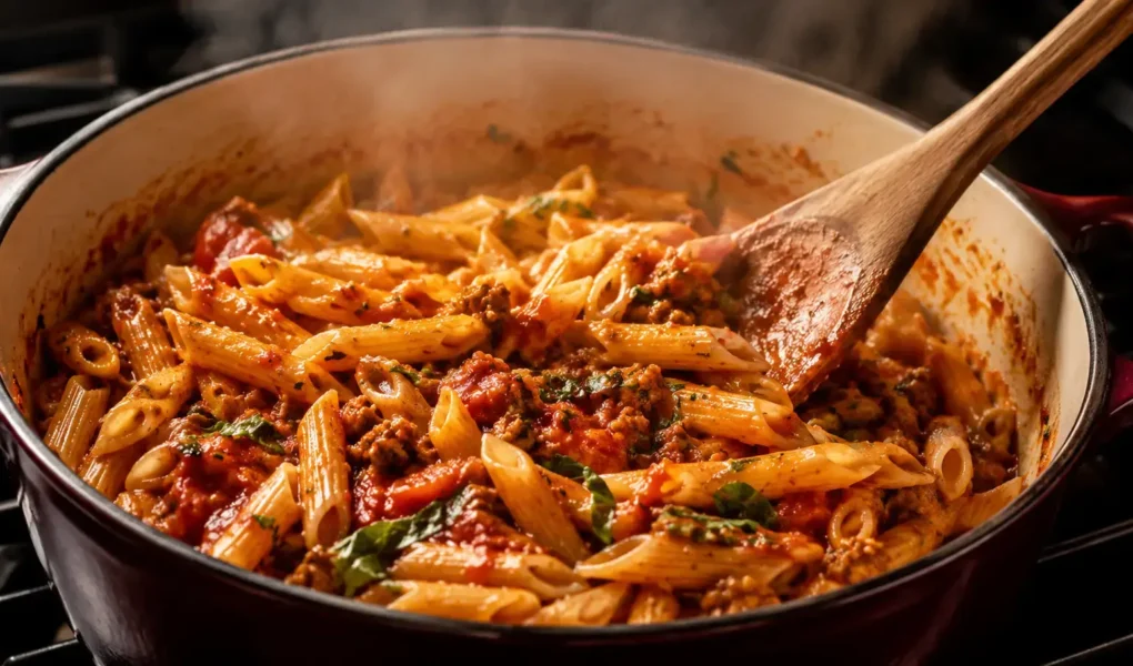 A steaming pot of pasta in a rich tomato sauce being stirred with a wooden spoon on a stovetop, warm kitchen lighting, single pot visible, no other cookware in frame.yes or no to one-pot pasta for weeknight dinners featured image.