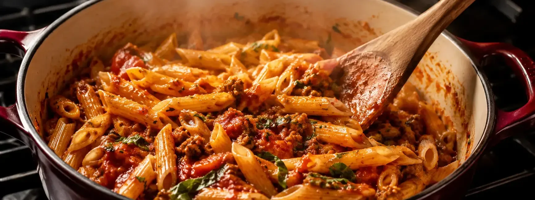 A steaming pot of pasta in a rich tomato sauce being stirred with a wooden spoon on a stovetop, warm kitchen lighting, single pot visible, no other cookware in frame.yes or no to one-pot pasta for weeknight dinners featured image.