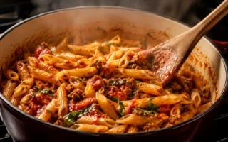A steaming pot of pasta in a rich tomato sauce being stirred with a wooden spoon on a stovetop, warm kitchen lighting, single pot visible, no other cookware in frame.yes or no to one-pot pasta for weeknight dinners featured image.