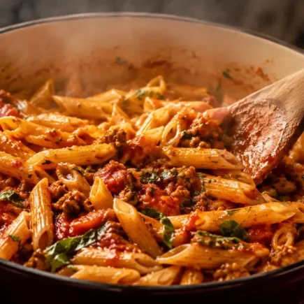 A steaming pot of pasta in a rich tomato sauce being stirred with a wooden spoon on a stovetop, warm kitchen lighting, single pot visible, no other cookware in frame.yes or no to one-pot pasta for weeknight dinners featured image.