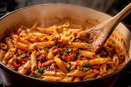A steaming pot of pasta in a rich tomato sauce being stirred with a wooden spoon on a stovetop, warm kitchen lighting, single pot visible, no other cookware in frame.yes or no to one-pot pasta for weeknight dinners featured image.