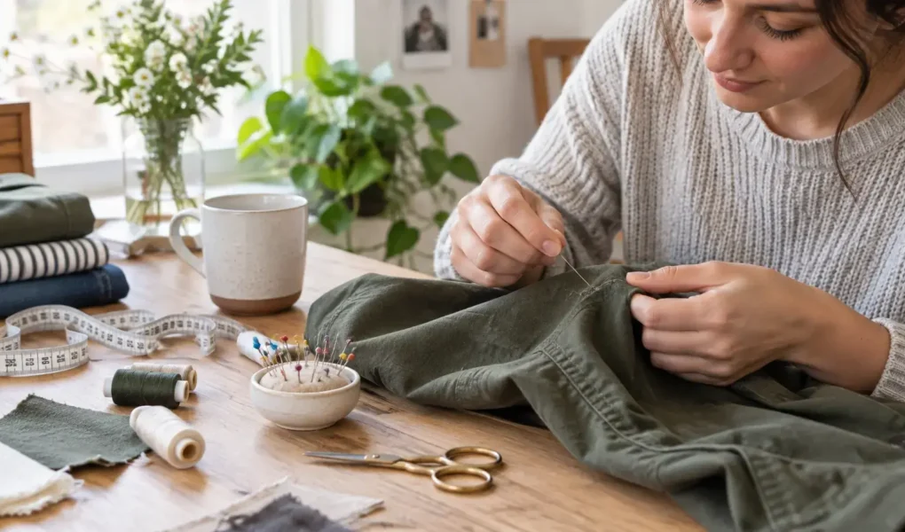 A person hand-sewing a small repair on a garment at a bright table, focused and calm mood, basic sewing supplies visible, no identifiable branding.yes or no to repairing clothes instead of replacing them featured image.
