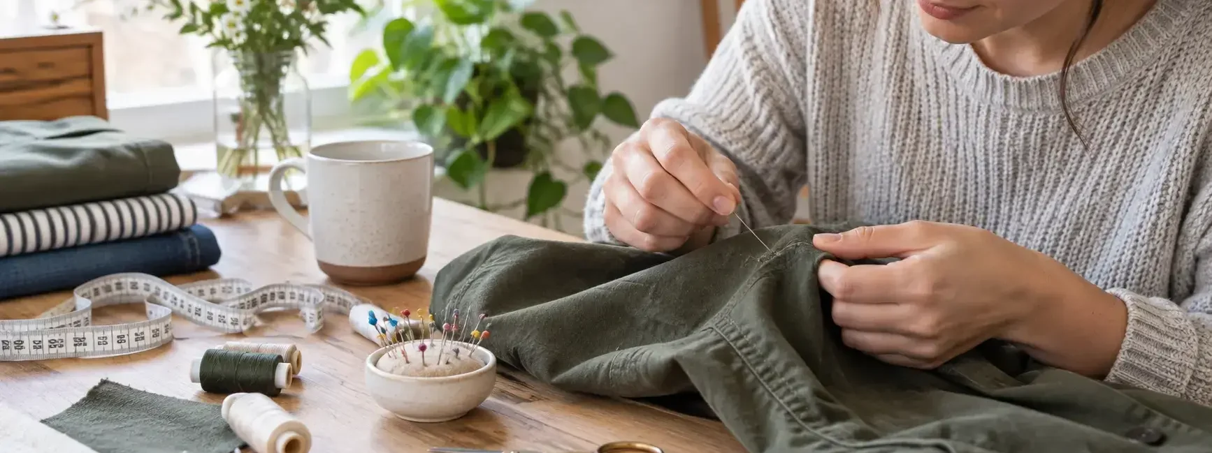 A person hand-sewing a small repair on a garment at a bright table, focused and calm mood, basic sewing supplies visible, no identifiable branding.yes or no to repairing clothes instead of replacing them featured image.