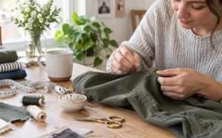 A person hand-sewing a small repair on a garment at a bright table, focused and calm mood, basic sewing supplies visible, no identifiable branding.yes or no to repairing clothes instead of replacing them featured image.