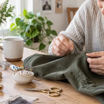 A person hand-sewing a small repair on a garment at a bright table, focused and calm mood, basic sewing supplies visible, no identifiable branding.yes or no to repairing clothes instead of replacing them featured image.