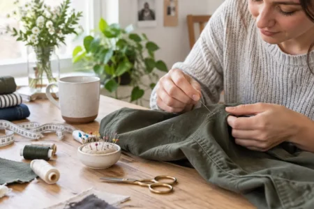 A person hand-sewing a small repair on a garment at a bright table, focused and calm mood, basic sewing supplies visible, no identifiable branding.yes or no to repairing clothes instead of replacing them featured image.