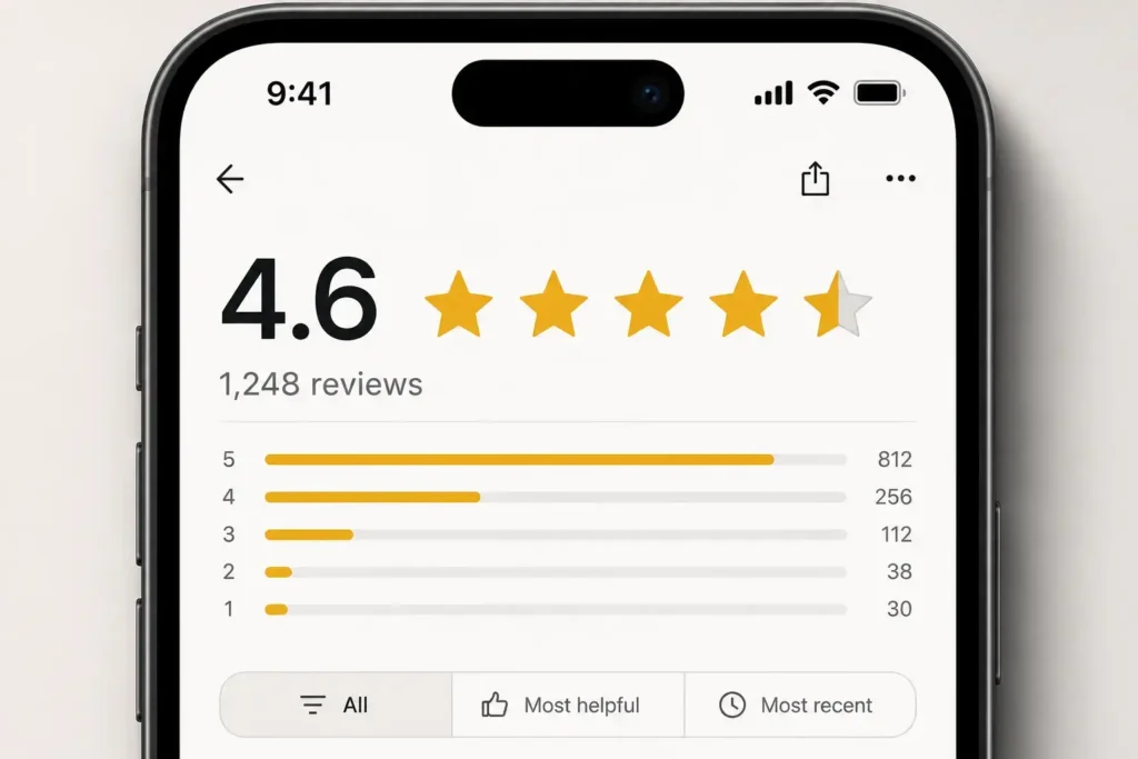 Close-up of a generic star rating and review count display on a phone screen, clean simple UI mockup, no identifiable app branding or book titles