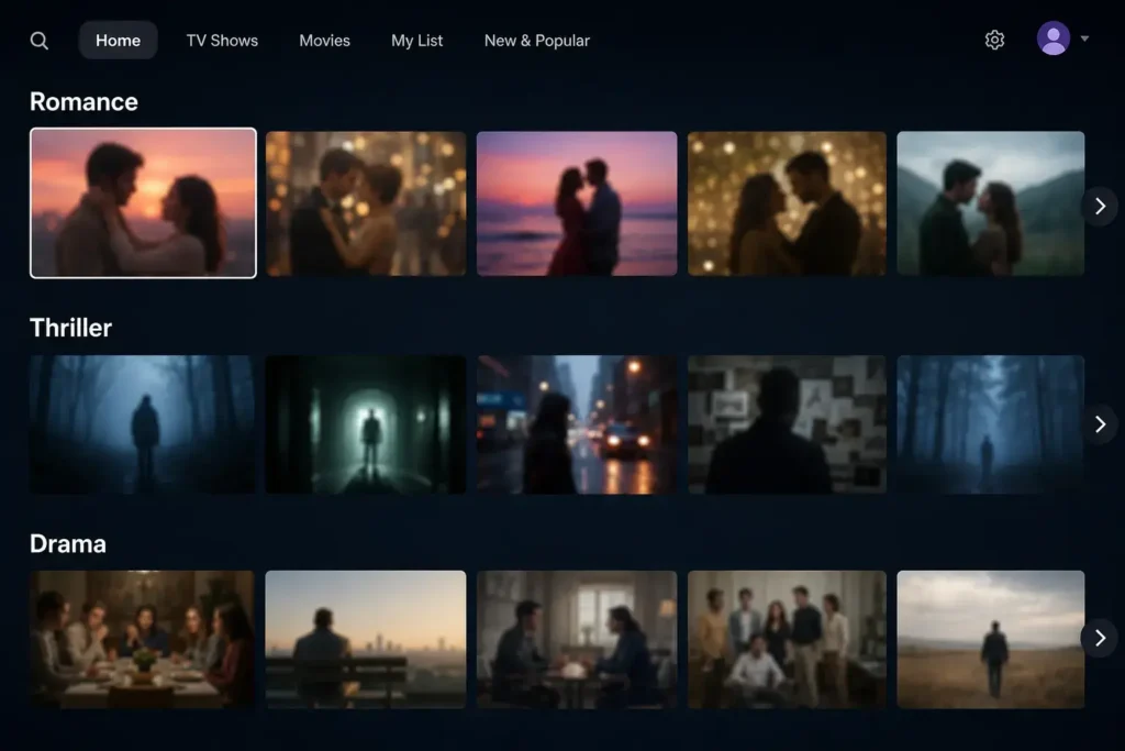 A generic streaming app browse screen showing genre category rows (romance, thriller, drama) with blurred, unidentifiable thumbnails, clean simple UI mockup.