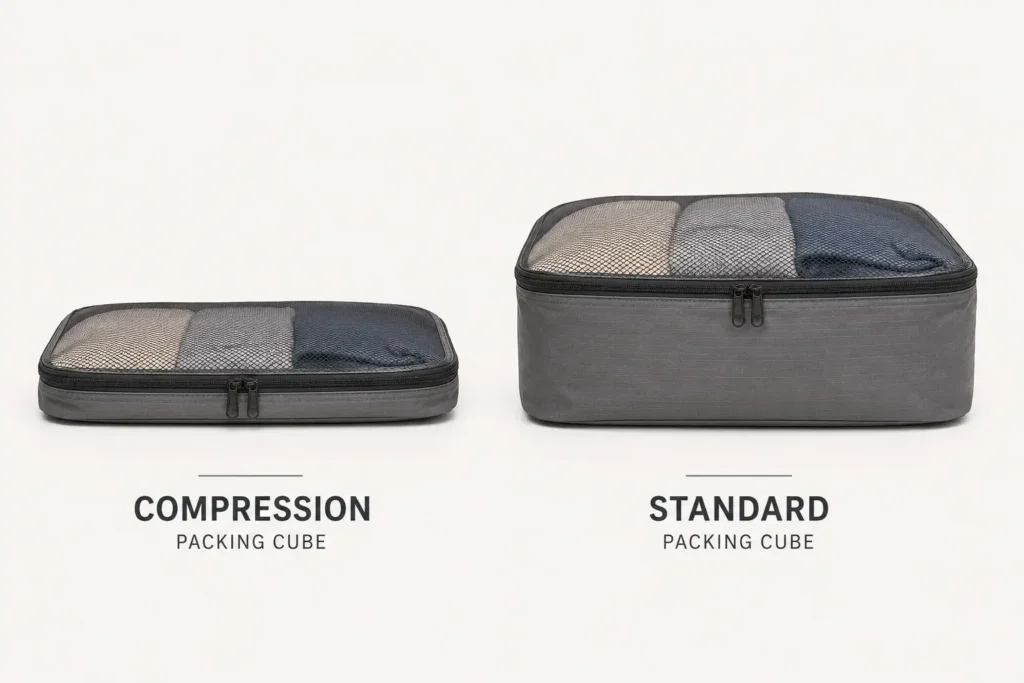 Side-by-side comparison of a compression packing cube squeezed flat versus a standard cube, showing the visual difference in size, plain background