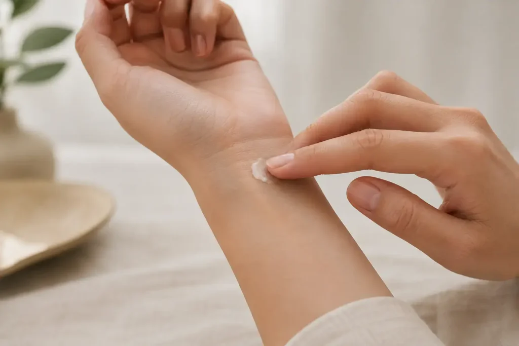 Close-up of a hand applying a small amount of product to the inner wrist for a patch test, clean and simple styling.