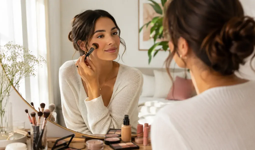 A person applying makeup at a well-lit vanity with a small selection of products, soft natural light, calm and personal styling moment, no identifiable brands.yes or no to following every new makeup trend featured image.