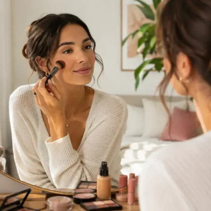 A person applying makeup at a well-lit vanity with a small selection of products, soft natural light, calm and personal styling moment, no identifiable brands.yes or no to following every new makeup trend featured image.