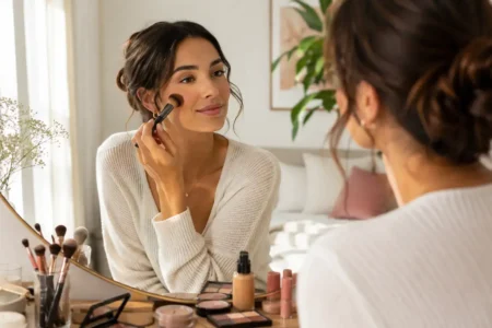 A person applying makeup at a well-lit vanity with a small selection of products, soft natural light, calm and personal styling moment, no identifiable brands.yes or no to following every new makeup trend featured image.