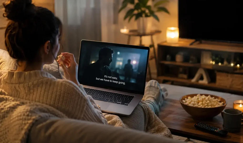 A person watching a subtitled show on a laptop or TV from a cozy couch, remote and snacks nearby, warm evening lighting, no identifiable show titles or posters visible.yes or no to getting into K-dramas featured image.