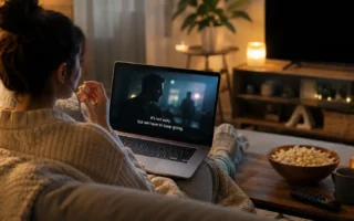 A person watching a subtitled show on a laptop or TV from a cozy couch, remote and snacks nearby, warm evening lighting, no identifiable show titles or posters visible.yes or no to getting into K-dramas featured image.