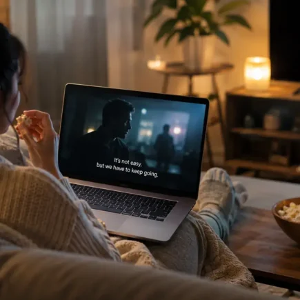 A person watching a subtitled show on a laptop or TV from a cozy couch, remote and snacks nearby, warm evening lighting, no identifiable show titles or posters visible.yes or no to getting into K-dramas featured image.
