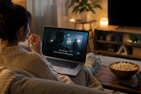A person watching a subtitled show on a laptop or TV from a cozy couch, remote and snacks nearby, warm evening lighting, no identifiable show titles or posters visible.yes or no to getting into K-dramas featured image.
