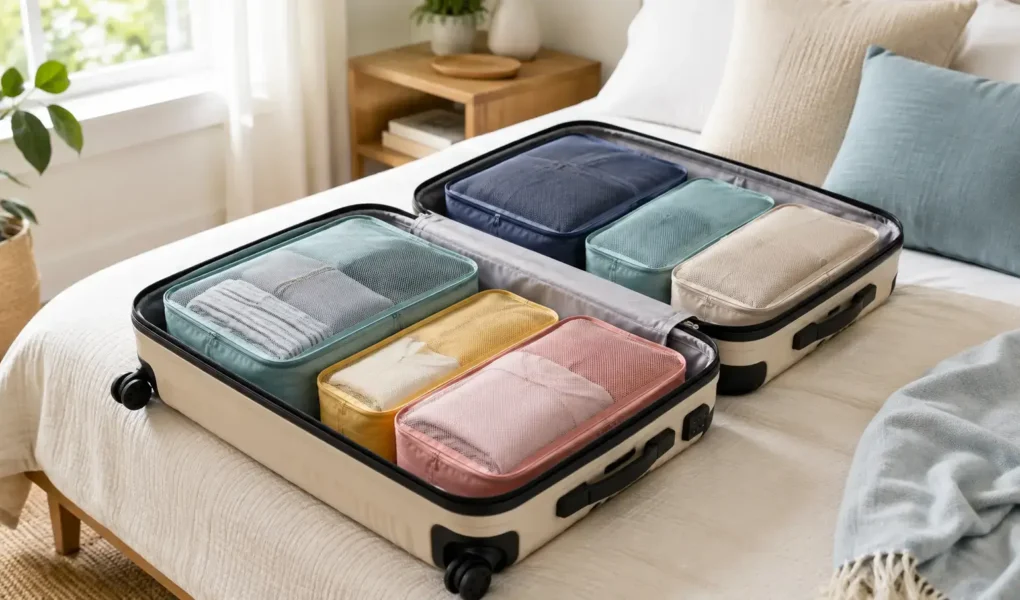 An open suitcase neatly packed with colorful fabric packing cubes visible, clean bright bedroom setting, no identifiable brand logos.yes or no to packing cubes for travel featured image