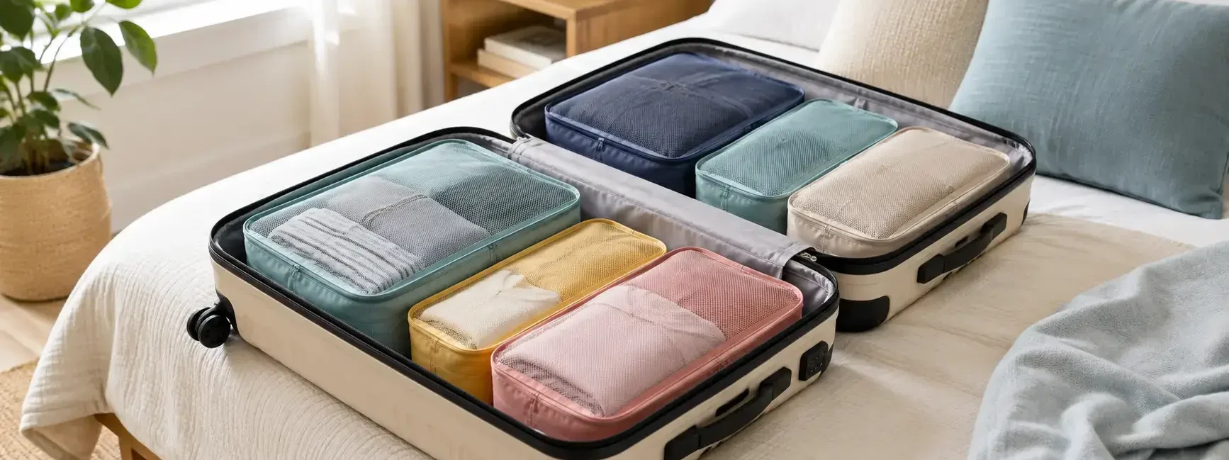 An open suitcase neatly packed with colorful fabric packing cubes visible, clean bright bedroom setting, no identifiable brand logos.yes or no to packing cubes for travel featured image