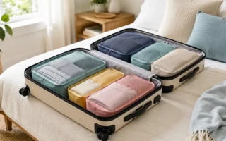 An open suitcase neatly packed with colorful fabric packing cubes visible, clean bright bedroom setting, no identifiable brand logos.yes or no to packing cubes for travel featured image