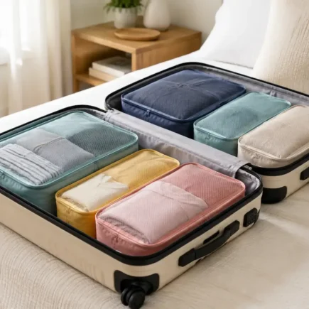 An open suitcase neatly packed with colorful fabric packing cubes visible, clean bright bedroom setting, no identifiable brand logos.yes or no to packing cubes for travel featured image