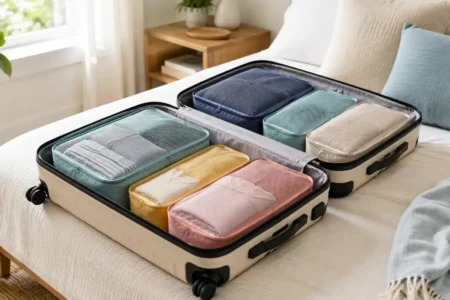 An open suitcase neatly packed with colorful fabric packing cubes visible, clean bright bedroom setting, no identifiable brand logos.yes or no to packing cubes for travel featured image