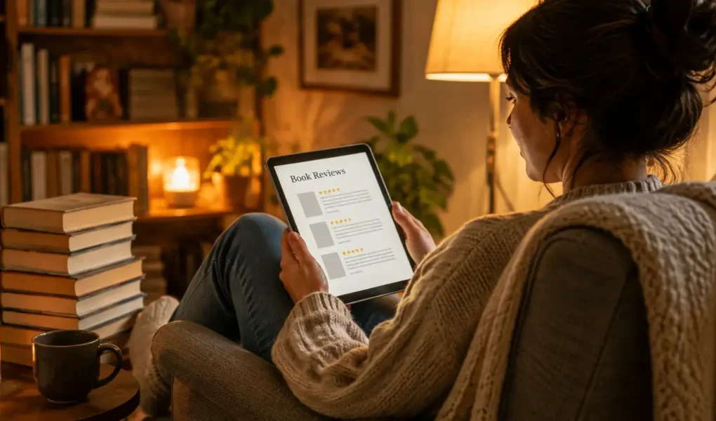 A person browsing book reviews on a phone or tablet while sitting in a cozy reading chair, a stack of unmarked books nearby, warm soft lighting, no identifiable titles or covers visible.yes or no to reading book reviews before starting a new book featured image.