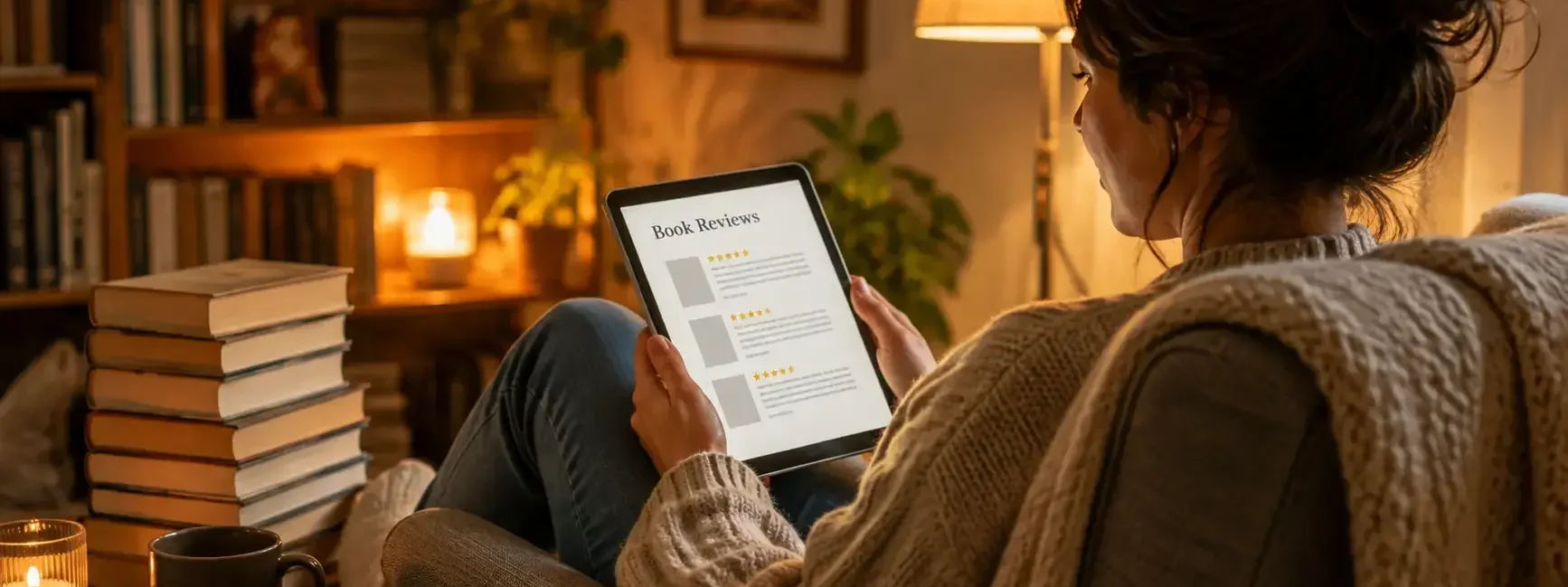 A person browsing book reviews on a phone or tablet while sitting in a cozy reading chair, a stack of unmarked books nearby, warm soft lighting, no identifiable titles or covers visible.yes or no to reading book reviews before starting a new book featured image.